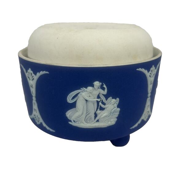 Antique WEDGWOOD Footed Jasperware Deep Blue Planter Bowl w/Flower Frog Insert - Picture 1 of 14